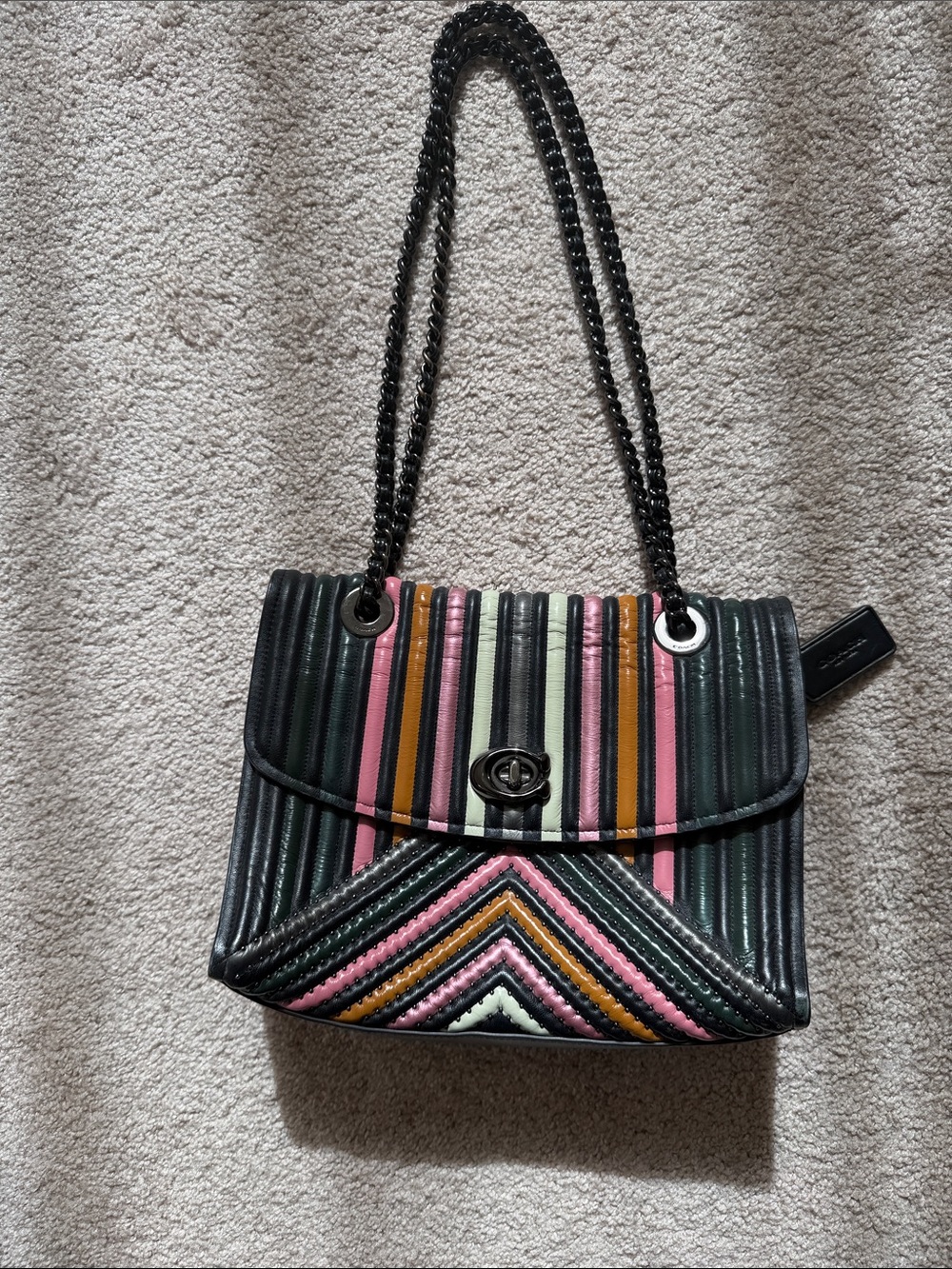 Striped Quilted Shoulder Bag in Black, Pink, Green, Orange
